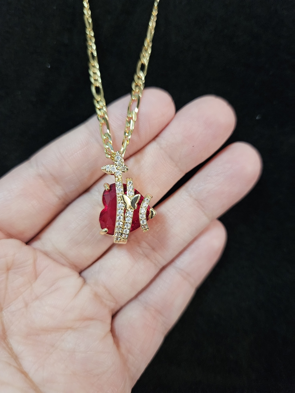 Gold Plated Pendant Necklace with Red Gem and Crystal Accents